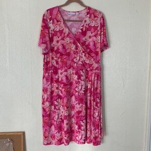 Susan Graver Pink Floral Faux Wrap Dress, XL